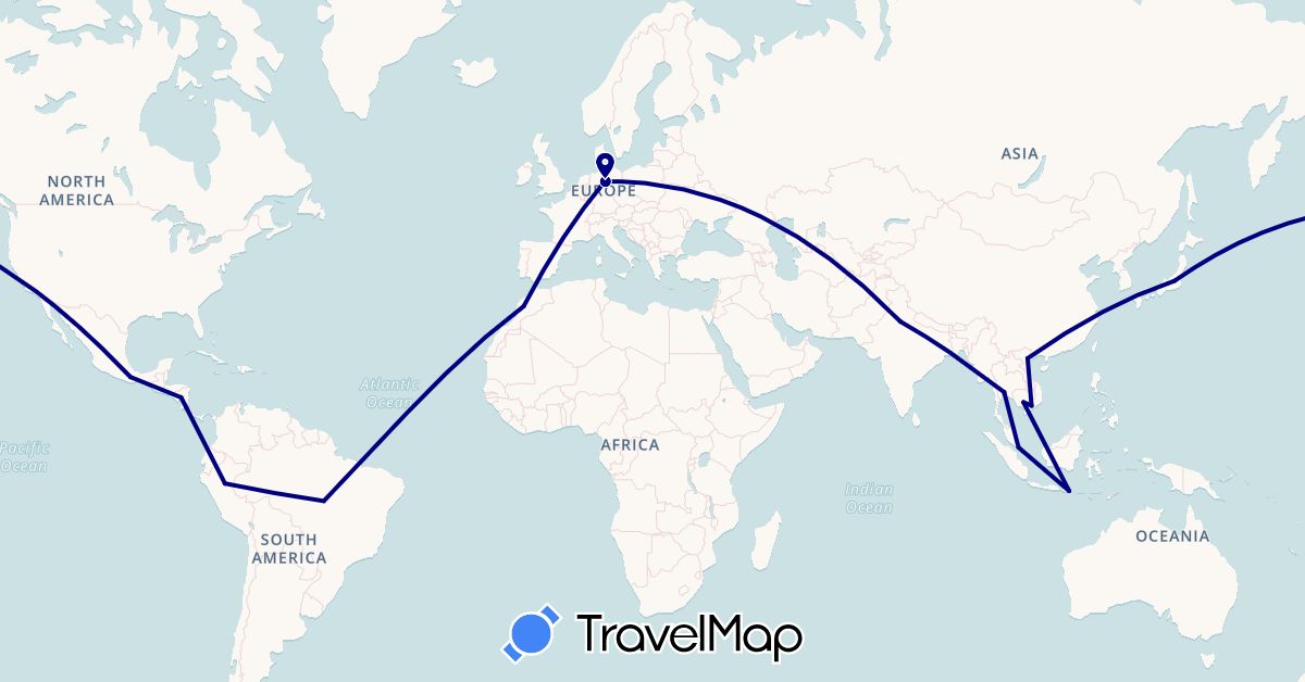 TravelMap itinerary: driving in Brazil, Costa Rica, Germany, Indonesia, India, Japan, Cambodia, Morocco, Mexico, Nicaragua, Peru, Singapore, Thailand, Vietnam (Africa, Asia, Europe, North America, South America)